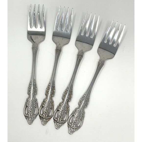 Oneida Renoir-Pembrooke Stainless Floral Pierced Salad Forks 6.75" Set Of 4 - Picture 1 of 7